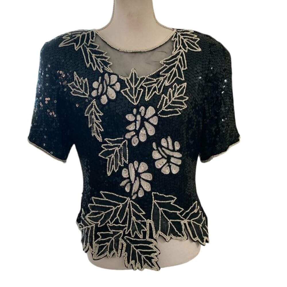 Vintage STENAY Black Beaded Sequin 100% Silk Top Evening